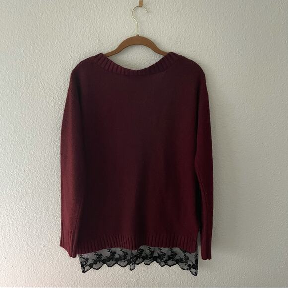 Wine Burgundy Sweater Lace Hem V Neck Moral Fiber - Picture 3 of 5